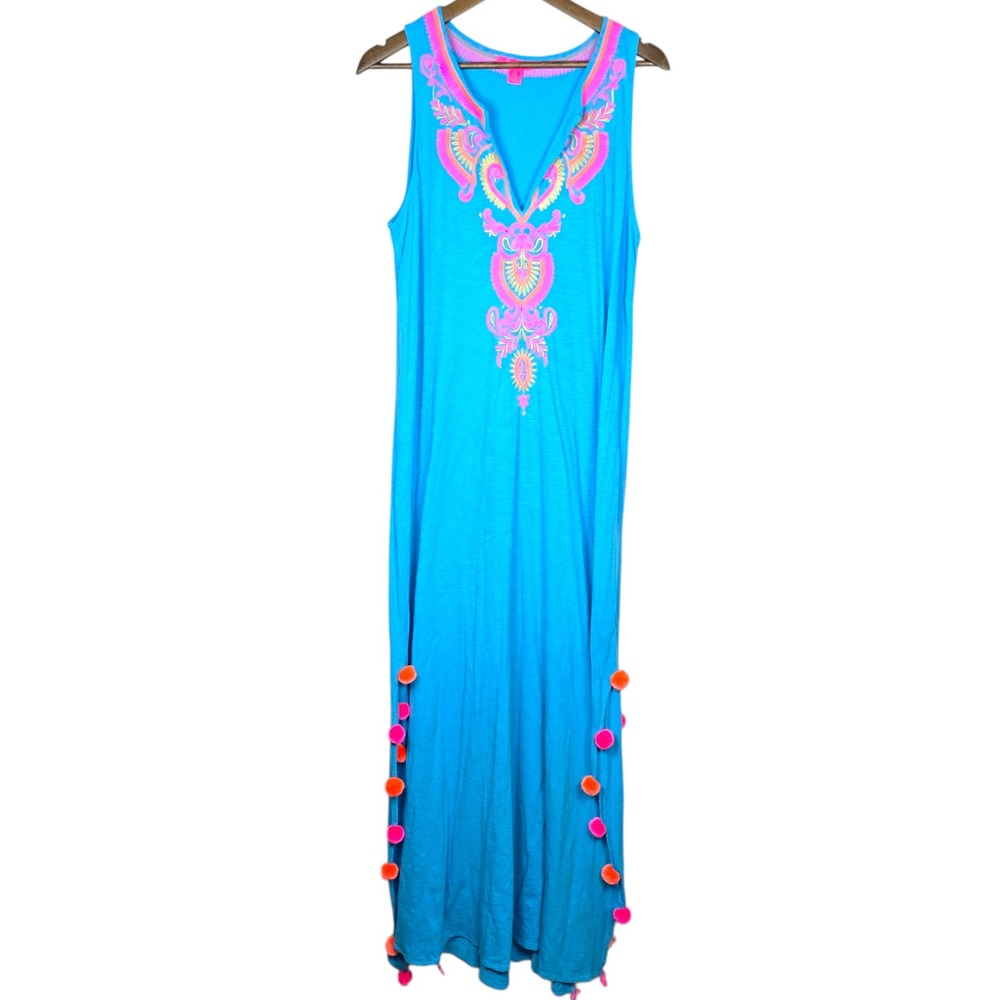 FLAWED Lilly Pulitzer Medium Nolia Cover Up Maxi Dress Turquoise Oasis Blue